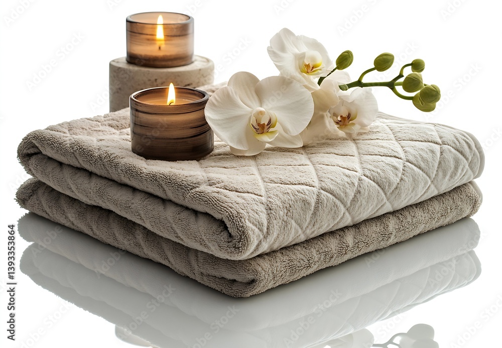 Poster serene spa scene with stacked towels orchids and candles promoting wellness and relaxation calm ambi