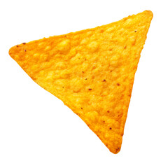 A crunchy tortilla chip with a triangular shape and delicious nacho flavor perfect for snacking on a transparent background