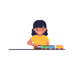Child playing with colorful toy train in flat vector art style illustration