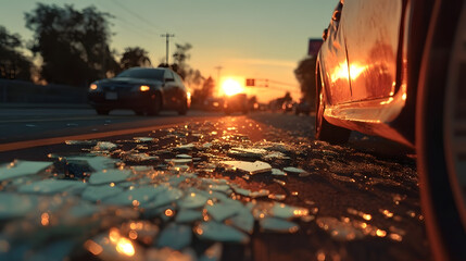 Sunset traffic accident scene with damaged car and shattered glass on road. Distracted Driving Awareness Month