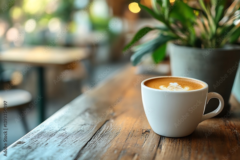 Aufkleber Fresh Latte Art Coffee in White Mug on Rustic Wooden Table in Cafe Setting with Green Plant : Generative AI