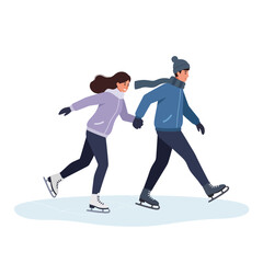 Skating couple enjoying winter day in flat vector illustration style