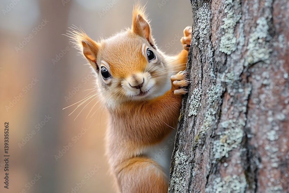 Poster cute red squirrel climbing a tree trunk in natural habitat portrait close up wildlife photography : 