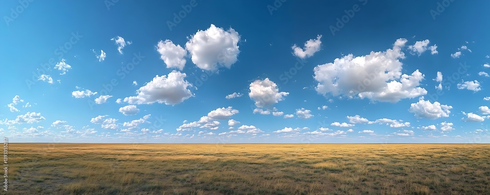 Poster Wide open landscape with rolling golden fields under a bright sky filled with fluffy clouds : Generative AI