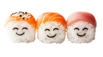 Three cute sushi characters with different toppings, cut out transparent