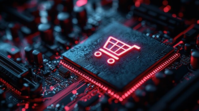 Glowing cart on chip. Complex circuit board detailed with red light accents