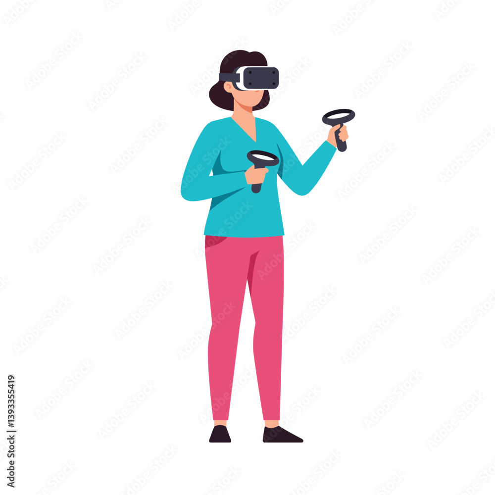 Poster person using virtual reality headset with controllers in flat vector art