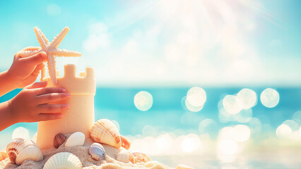 Child's hands building a sandcastle decorated with shells on a sunny beach
