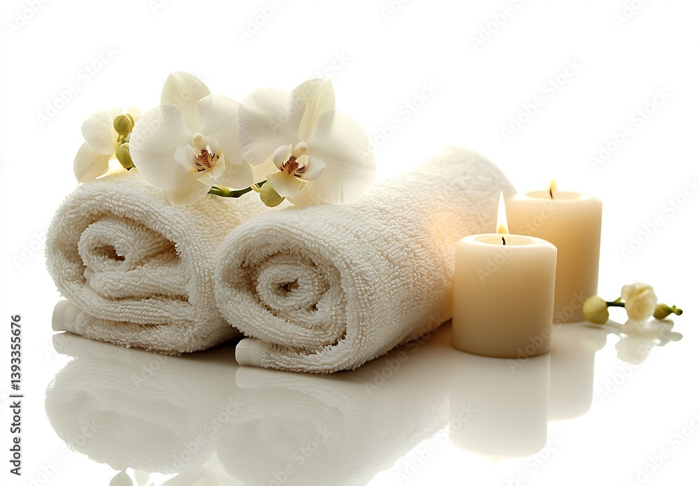Poster chic spa environment highlighting soft rolled towels elegant orchids and warm candlelight : generati