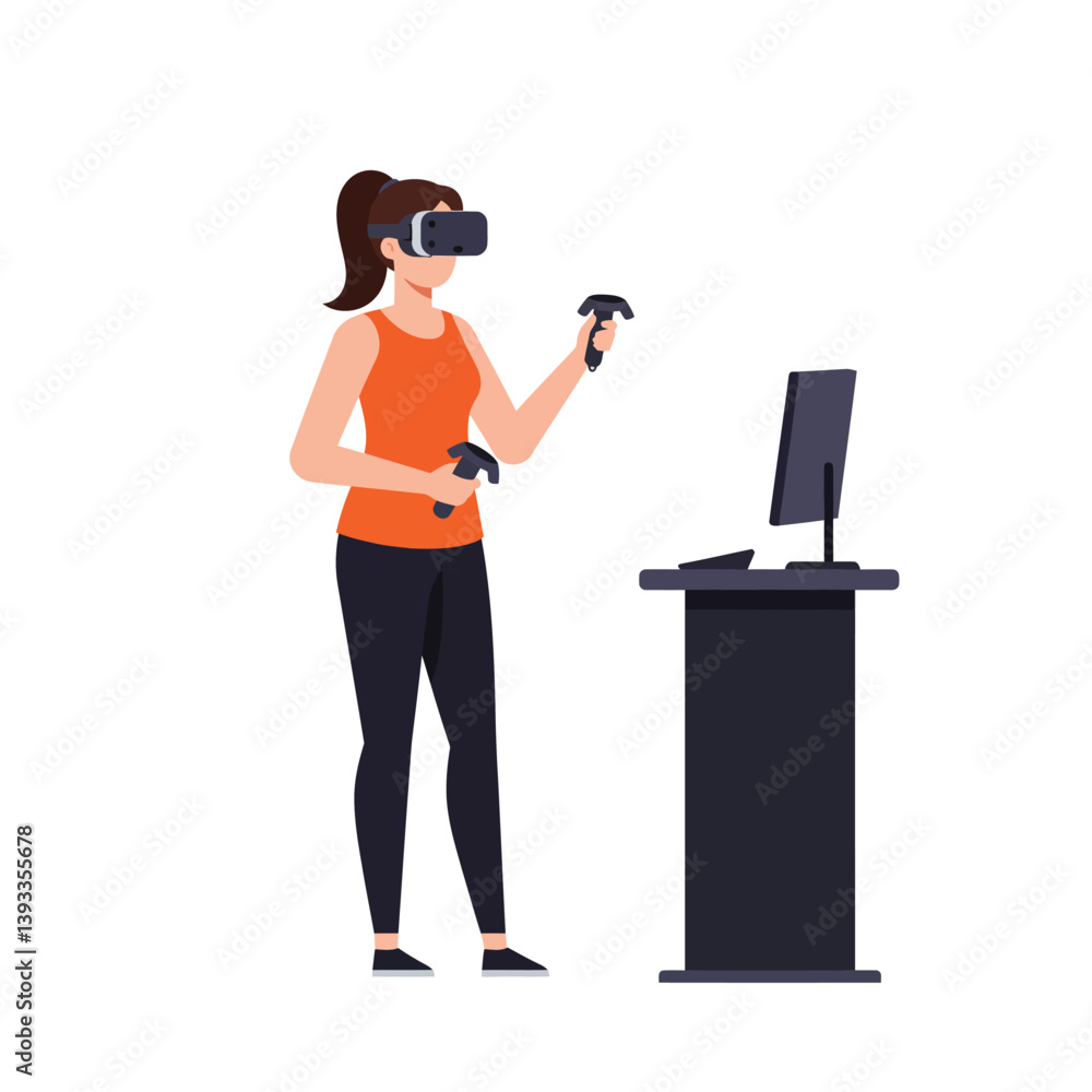 Poster woman using virtual reality headset with controllers in flat vector art