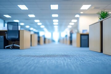 Blurred Empty Office Space with Desks and Chairs for Corporate Backgrounds and Work Environment Concepts : Generative AI