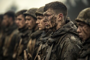 Fototapeta premium Amidst a brief ceasefire, soldiers stand at attention, displaying signs of exhaustion and mud on their uniforms. Their serious expressions reflect the weight of their experiences in battle