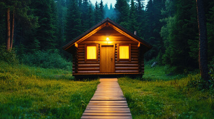 Cozy cabin in woods at peaceful summer camp, ideal for nature retreat and relaxation getaway, surrounded by lush greenery and tranquil forest setting, space for text in serene natural environment