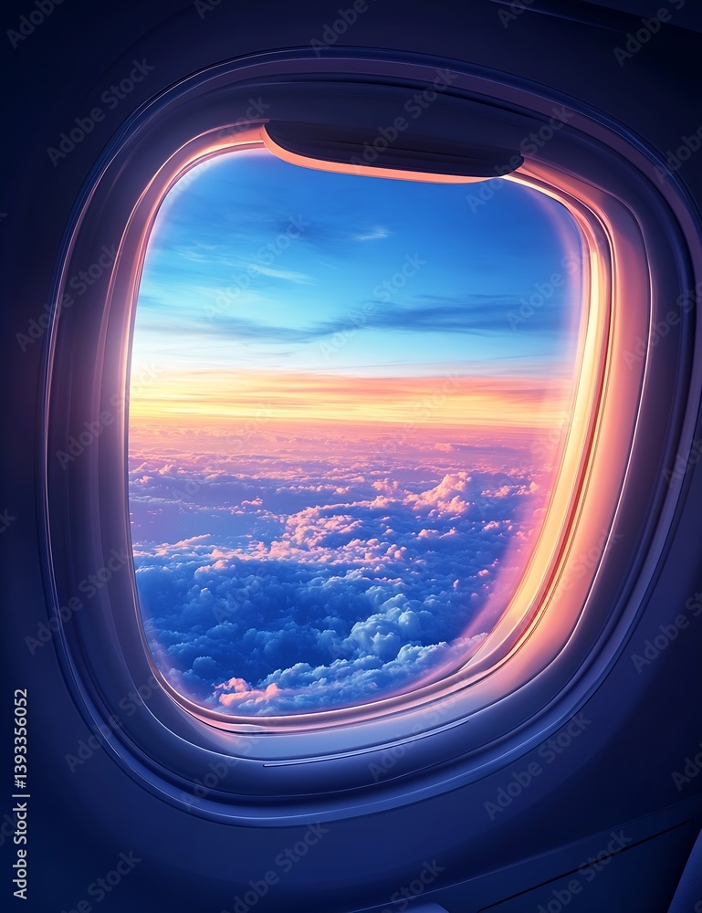 Poster breathtaking airplane window view of cloudscape at sunset perfect for travel and adventure imagery :