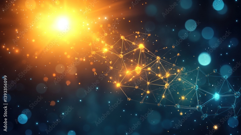 Aufkleber glowing network connecting nodes with orange and blue hues in a bokeh-lit space