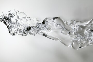 A stream of clear water with air bubbles, flowing dynamically against a light gray background.