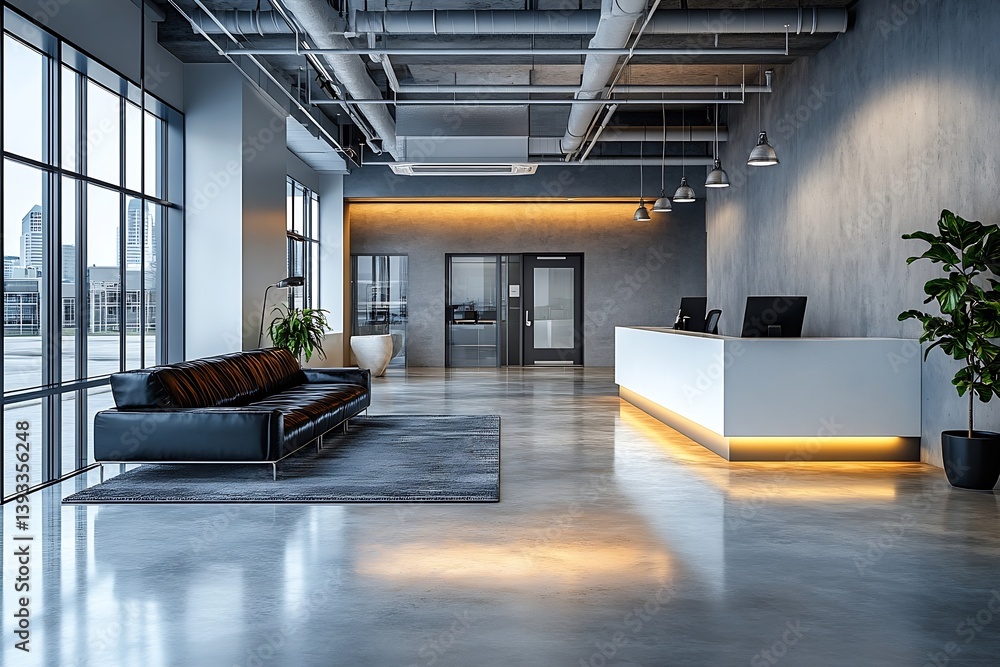 Poster Modern Office Lobby with Leather Couch Concrete Walls Reception Desk and City View Emphasizing Interior Design and Corporate Style : Generative AI