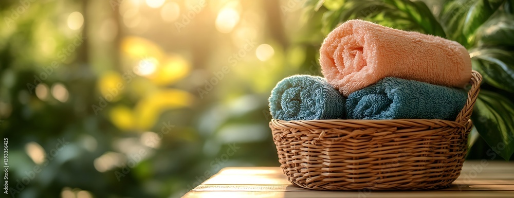 Poster Rolled Towels in Wicker Basket Spa Day Concept with Sunlight Bokeh Background Soft Colors Relaxing Home Decor : Generative AI