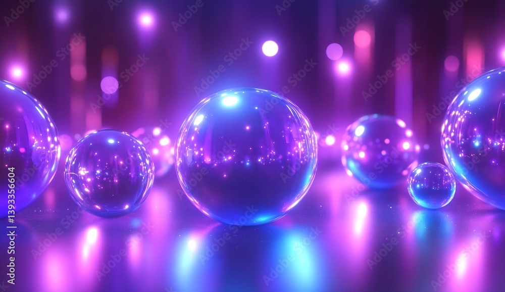 Poster glistening spheres reflecting beams of pink and blue light in an enchanting digital environment full