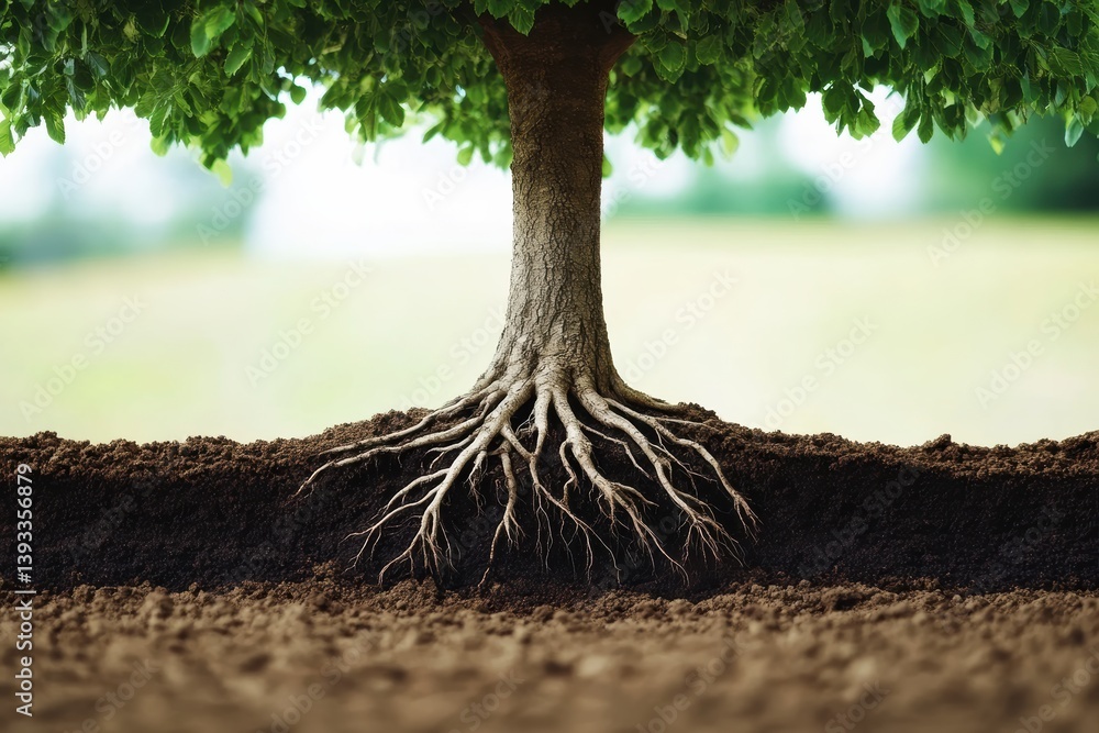 Poster graphic layouts showcase a tree with intricate roots and lush foliage in a natural setting