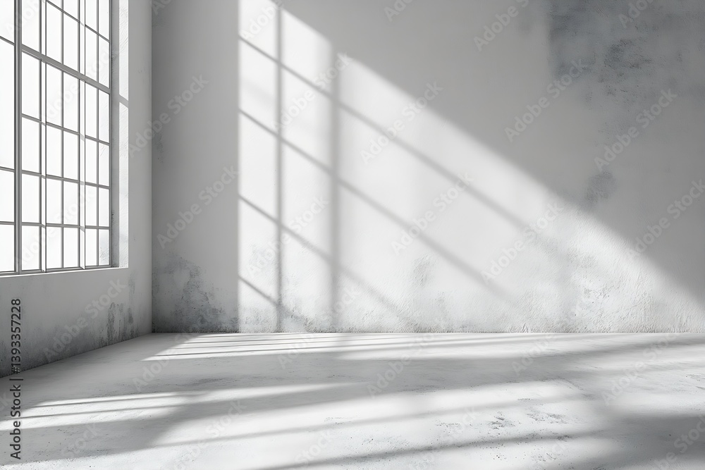 Fototapete Empty Room With Concrete Walls and Floor Light and Shadows From Large Window Creates Minimalist Aesthetic : Generative AI