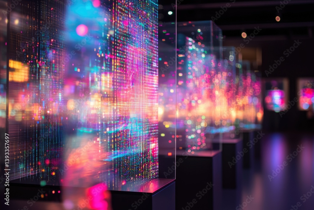 Poster colorful data streams visualized in glass displays, representing digital information flow and modern