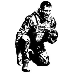 Black and White Ukraine Army Art Ilustration, Making an effort to rise and retrieve his fallen helmet