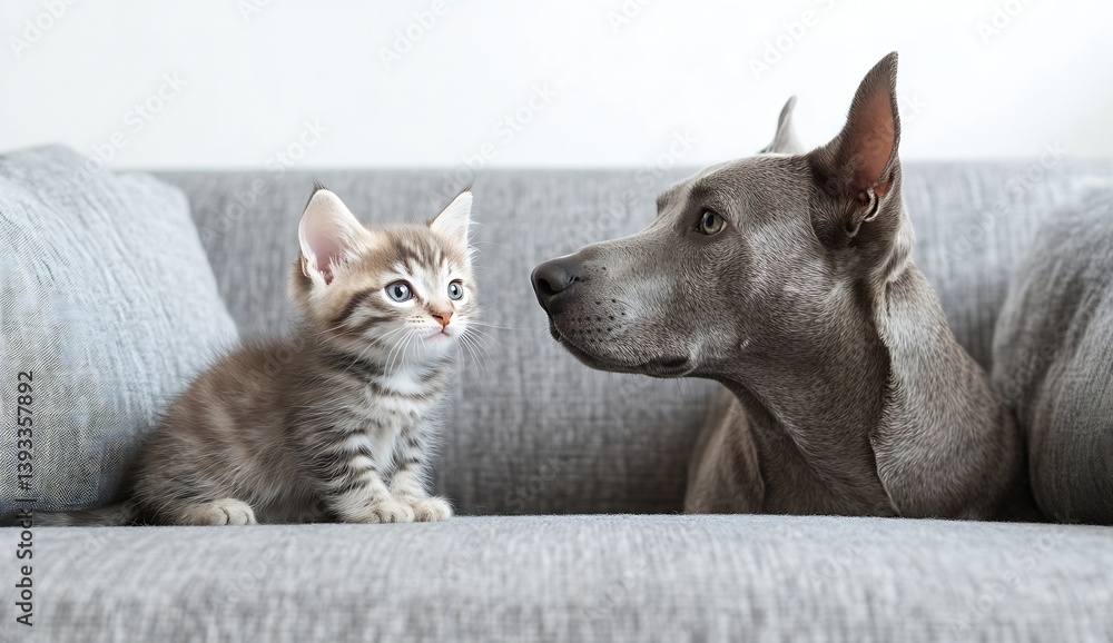 Poster adorable kitten and dog portrait on gray sofa friendship and companionship between a tabby cat and a