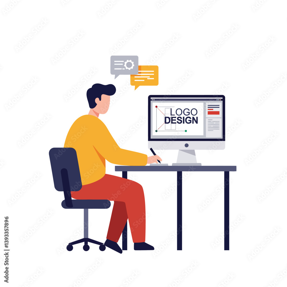 Poster designer creating logo on computer screen in flat vector art