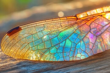 Warm light highlights the vibrant colors and intricate textures of iridescent insect wings in a close-up view