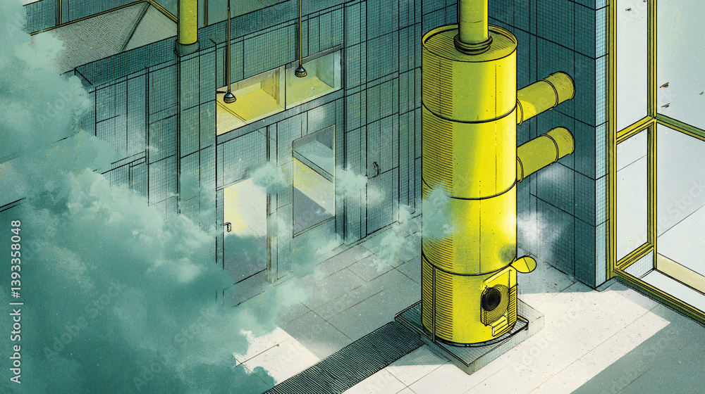 Poster a device that measures and displays how polluted the air inside a building is, representing a techno