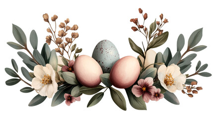 Easter eggs and flowers composition, cut out transparent