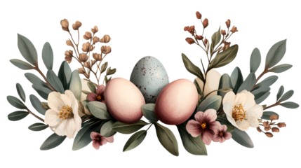 Easter eggs and flowers composition, cut out transparent