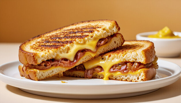 Vivid design food and beverage advertisement: A perfectly grilled cheese sandwich, cut in half, sits on a white plate alongside a small bowl of mustard, showcasing melted cheese and caramelized onio