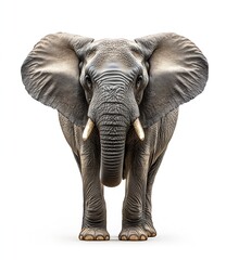 Fototapeta premium Majestic African Elephant Standing Tall on White Background Captivating Wildlife Portrait Detailed Texture Impressive Tusks : Generative AI