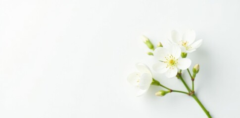 Single branch with delicate white flowers against a pure white background, white, greenery, nature