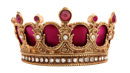 Golden royal crown with rubies and diamonds, cut out transparent