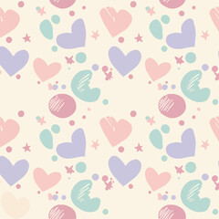 cute hand-drawn geometric hearts and circles pattern in solid pastel palette
