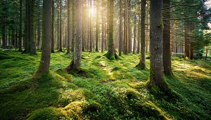 Obraz premium mossy forest floor with trees reaching for the sunlight