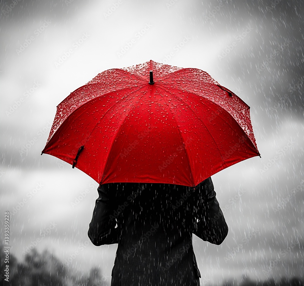 Poster individual under a striking red umbrella surrounded by falling rain showcasing emotion and isolation