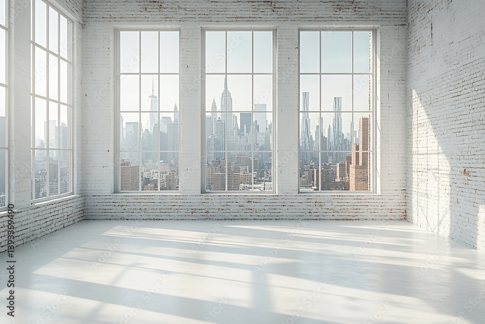 Aufkleber Empty White Room with Large Windows and Cityscape View of New York City in the Background Bright Interior Space : Generative AI