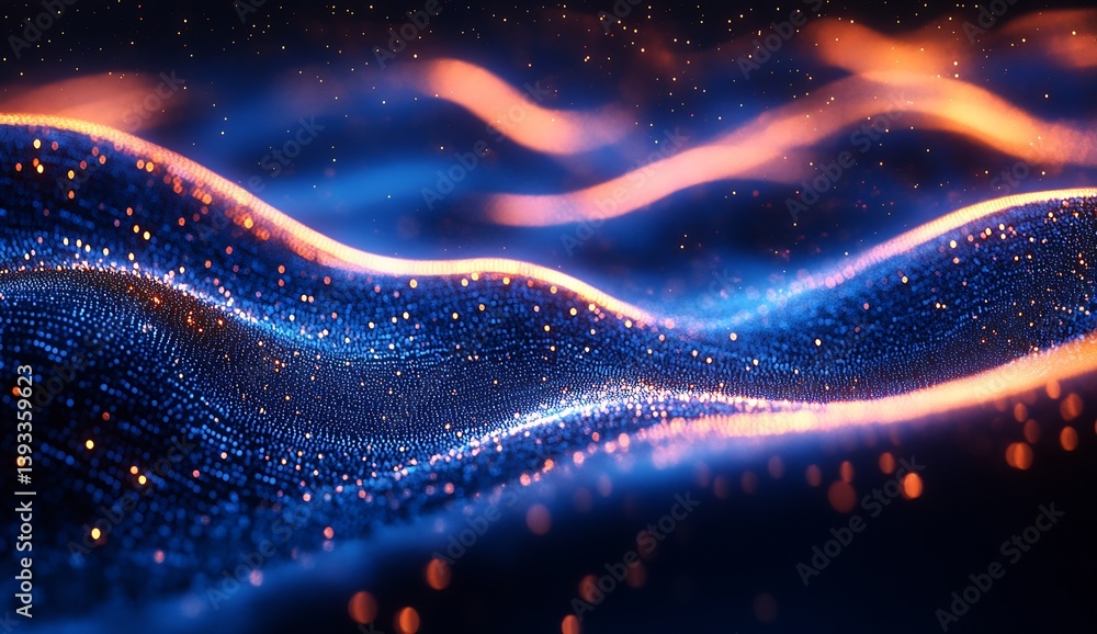 Poster illuminated digital waves in blue and orange creating a mesmerizing abstract atmosphere : generative