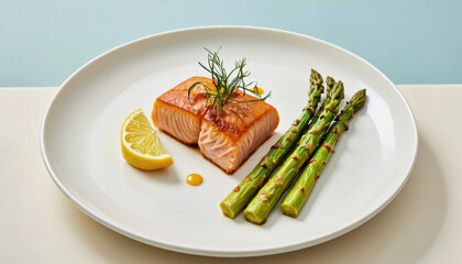 Vivid design food and beverage advertisement: A beautifully plated dish features a pan-seared salmon fillet alongside vibrant green asparagus spears, a lemon wedge, and a drizzle of sauce on a white