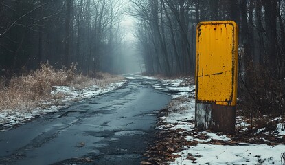 A weathered road winds through a forest with a yellow sign.