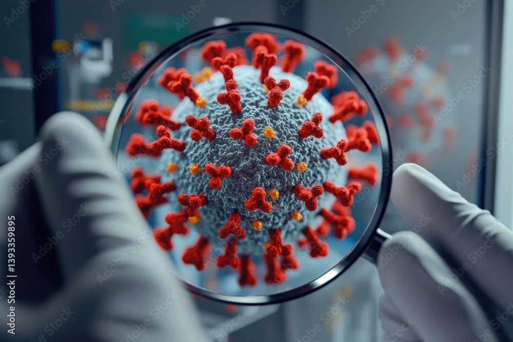 Poster scientist studying virus structure under magnification in laboratory setting