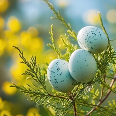 Fototapeta premium Brightly colored eggs resting on a green branch