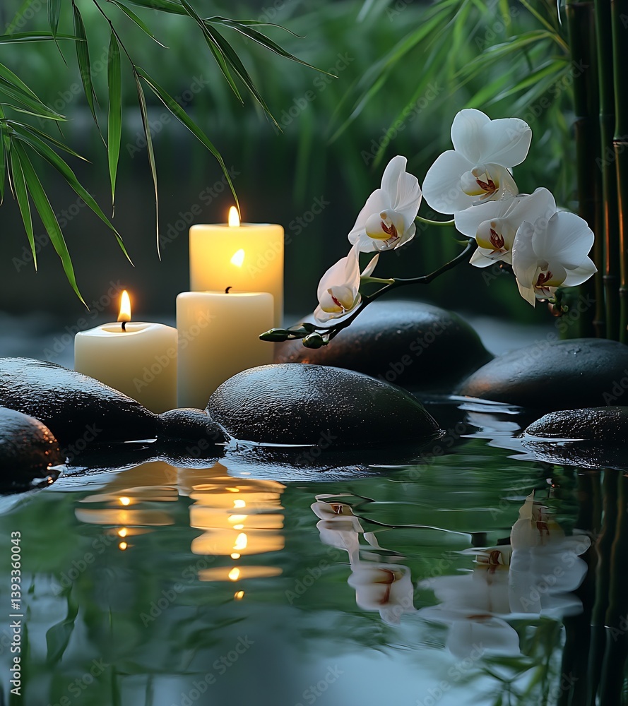 Aufkleber Elegant display of floating candles with white orchids and stones in a serene water setting : Generative AI