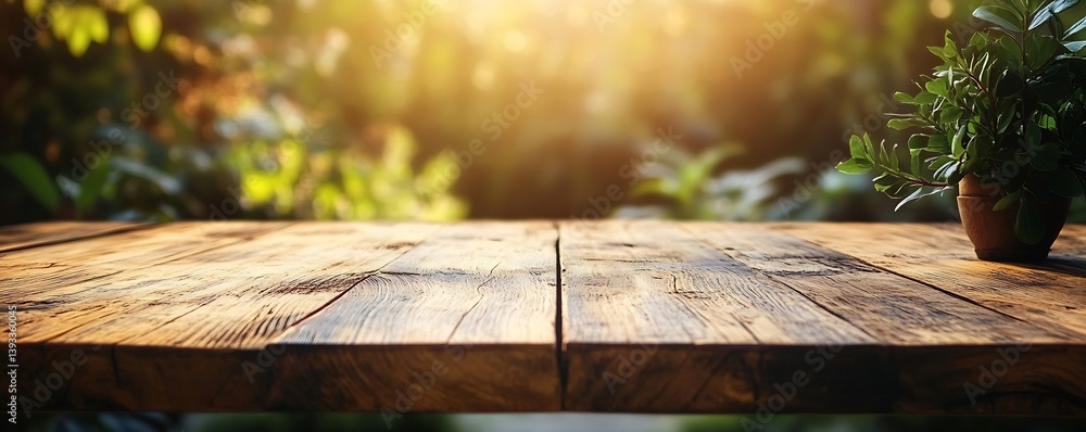 Poster wooden tabletop with blurred green background outdoors natural setting for product showcase and summ
