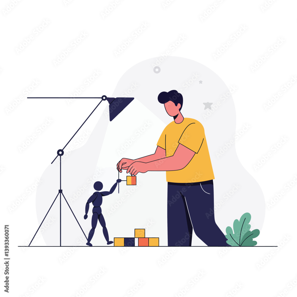Poster person assisting small figure with building blocks in minimal vector art
