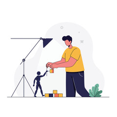 Person assisting small figure with building blocks in minimal vector art